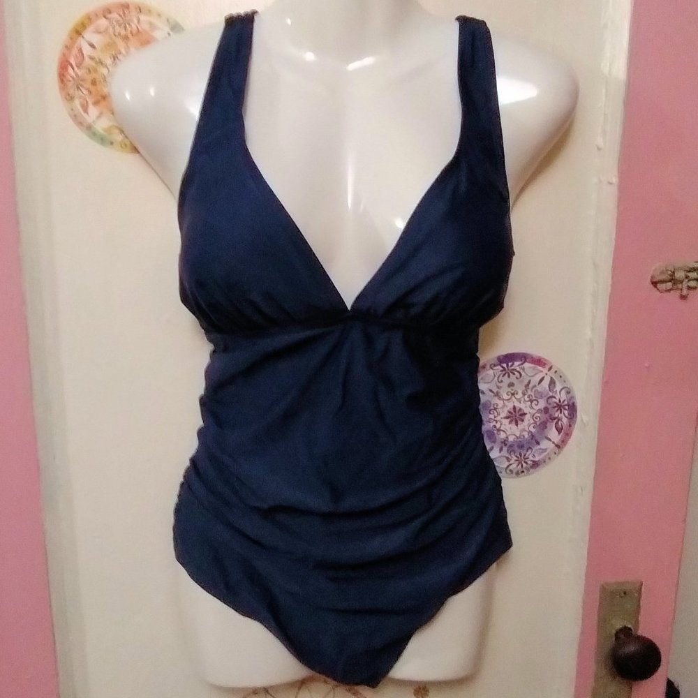 CLUCI One Piece Suit Tummy Control (XL) V Neck Sexy Back Straps - Navy - NWOT